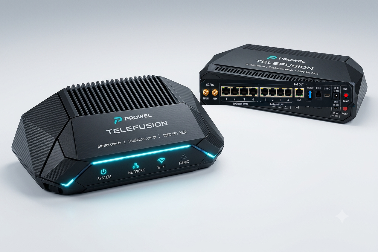 Equipamento Telefusion Atlas, gateway de borda com indicadores de sistema e redundância de links.