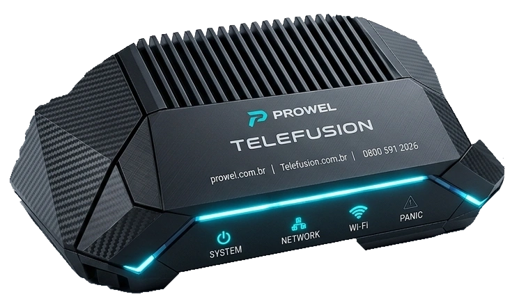 Frente do gateway Telefusion: gabinete preto com dissipação por aletas e faixa luminosa azul.