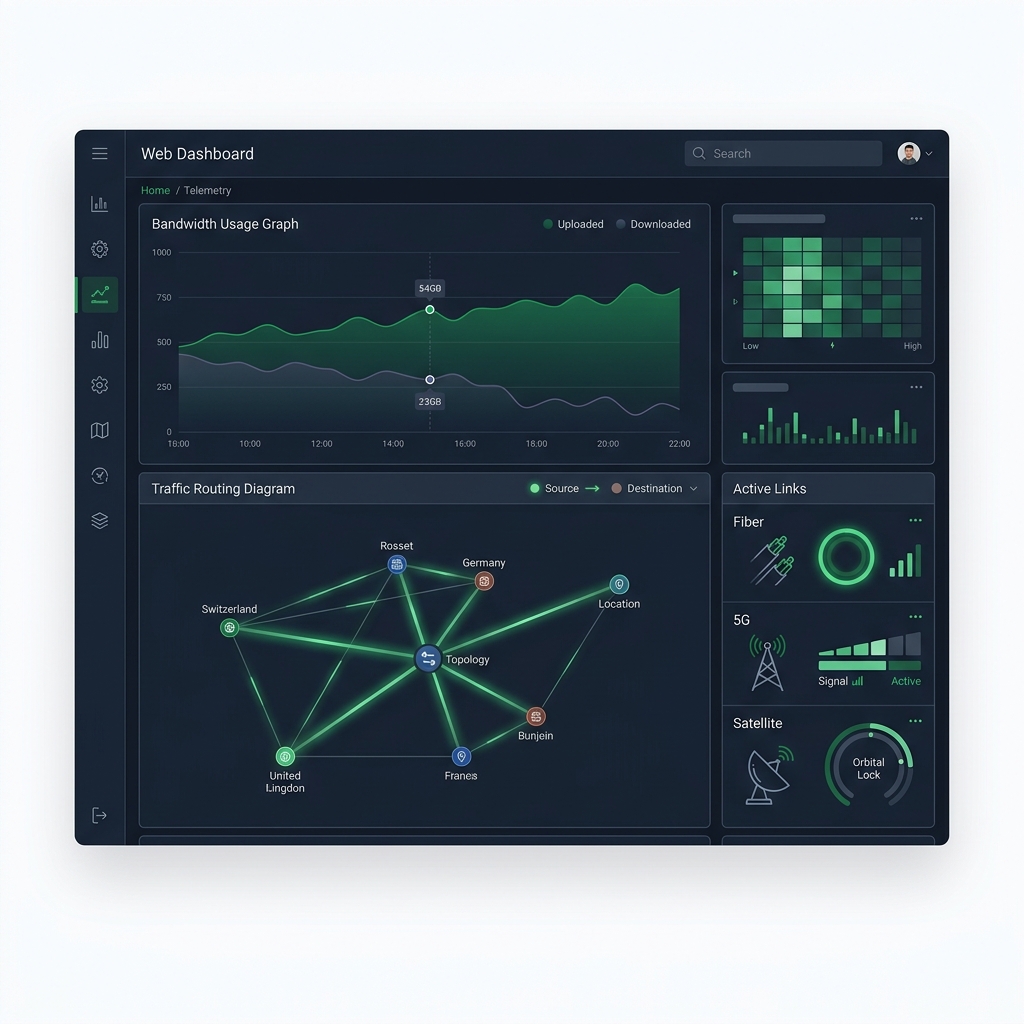 Dashboard de monitoramento do Atlas com status dos links e indicadores de rede.
